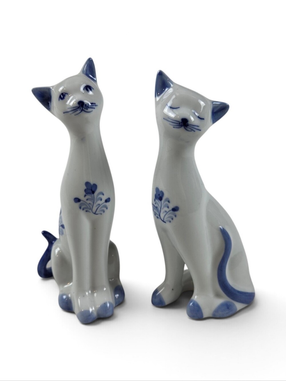 Vintage Andrea by Sadek White Blue Porcelain Cat Figures Set of 2